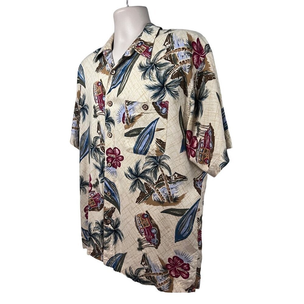 Mens Vintage Hawaiian Floral Button Up Shirt Large Pocket Classic Woody Cars - Picture 2 of 9